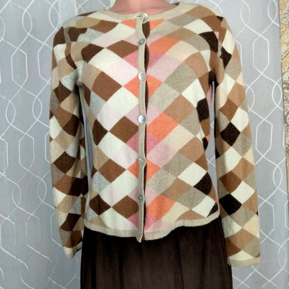 Cousin Johnny sweater Tan multi color check Cashmere blend size S - Picture 2 of 9